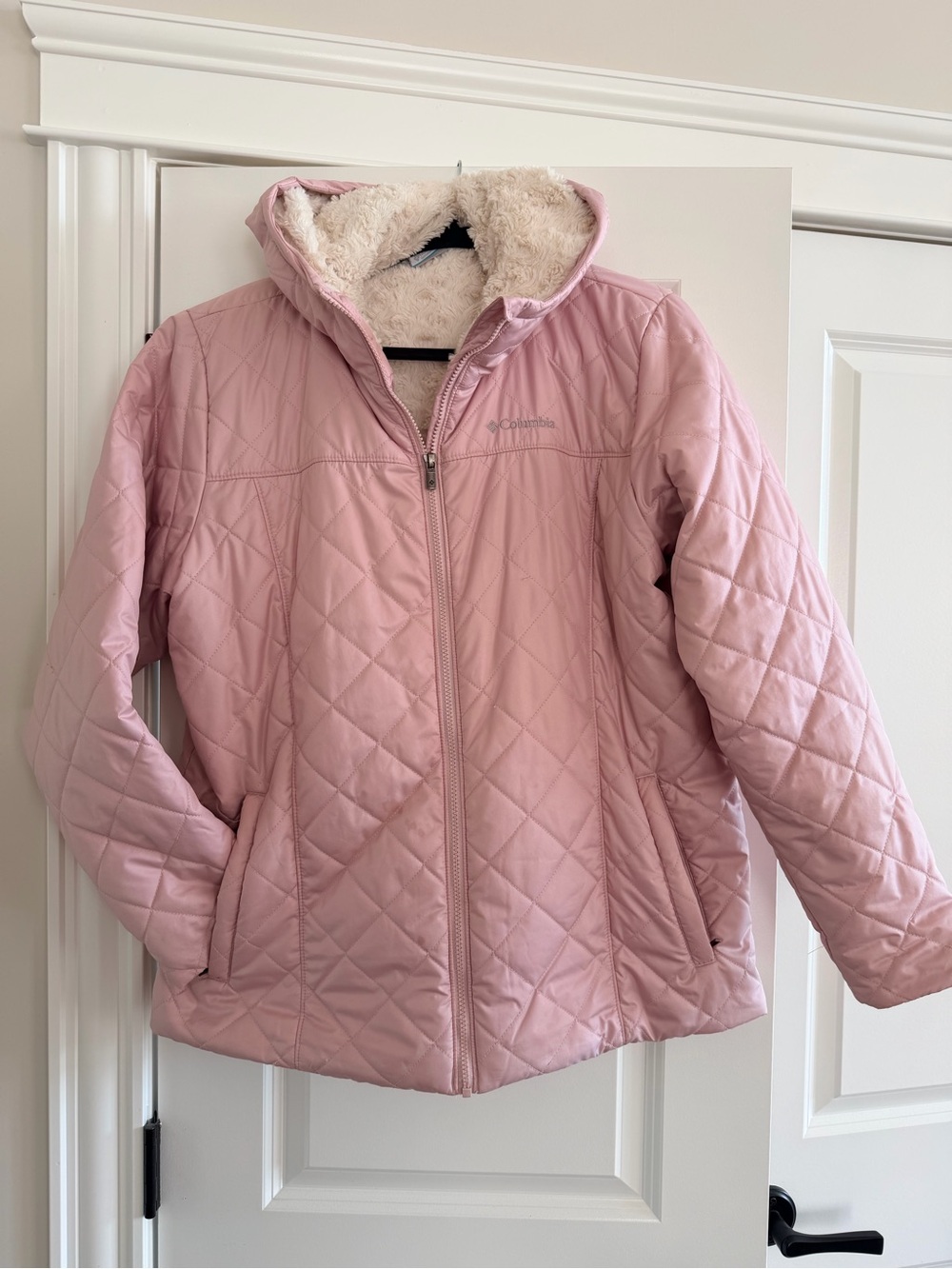 Columbia Light Pink Quilted Jacket with Sherpa Lining with hood.